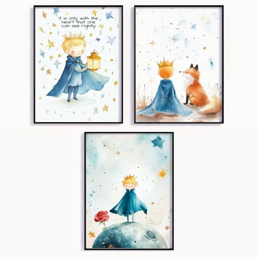 MJ-GRAPHICS® Poster Kleiner Prinz Bild Kinderzimmer Universum Poster Babyzimmer Wandbilder Affirmation Fuchs Rose Sterne Jungen Mädchen Spielzimmer Traumwelt Poster Set Wanddeko - A4 ohne Rahmen