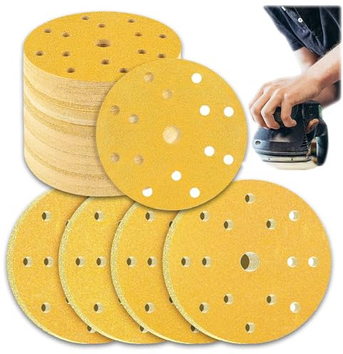 Jiavlyx 40 Pezzi Rotondi Carta Vetro, 150 MM Dischi Carta Abrasiva, Kit di Carta Abrasivi, 15 Fori Rotondi di Carta Vetrata,Per Levigatrice Orbitale Casuale 5 Pollici (120/180/240/400 granulometria)