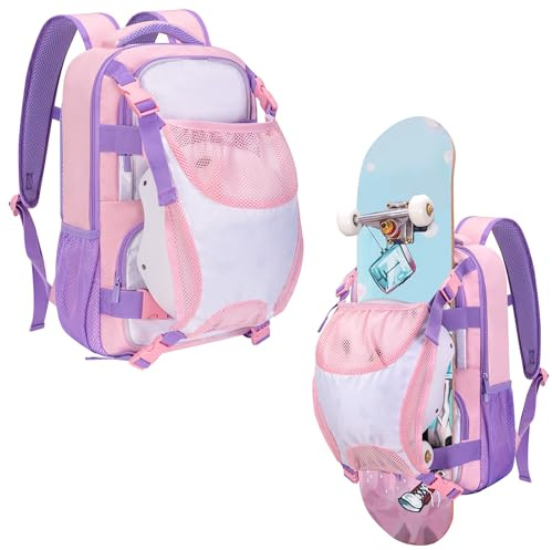 GOBUROS Skateboard Backpack with Adjustable Board Straps and Detachable Helmet Holder, Small Skateboard Bag with Multiple Storage Pockets for Sports, Pink