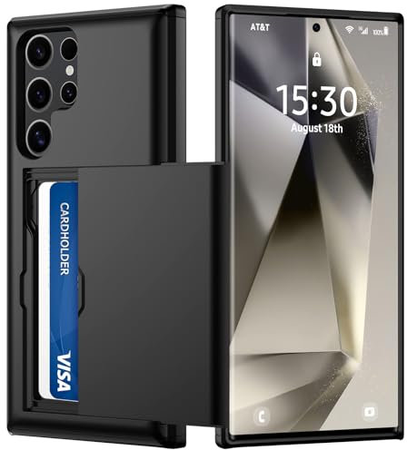 Funda para Samsung Galaxy S24 Ultra con Tarjetero, Tipo Cartera Case Doble Capa Carcasa Antigolpes Ranura Oculta Deslizante Armor Cover, Negro