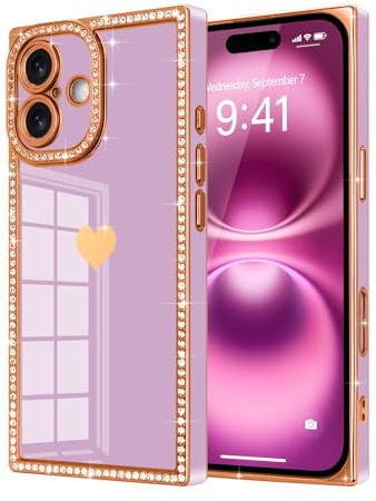Urarssa for iPhone 16 Plus Case Rectangle, with Glitter Diamonds, Purple | Bling Sparkly Case with Cute Heart Pattern for Women Girls, Full Camera Protection Glossy Soft TPU Bumper Shockproof Cover