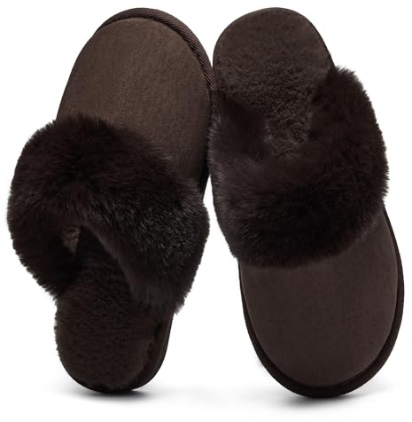 Donpapa Slippers Women Men With Memory Foam Fluffy Winter Ladies Cosy Warm Anti-Slip Plush Fleece Lined House Shoes Indoor Outdoor YS Espresso 290 UK7-8