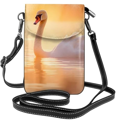 BROLEO White Swan On Lake Printing Damen Handy mit Leder Vorhaut Crossbody Flip Cover Kleiner Verstellbarer Schultergurt
