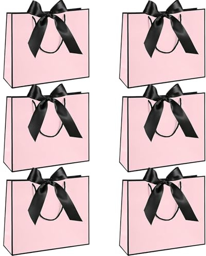 6Pcs Pink Present Gift Bags, Medium Elegant Bag with Sturdy Handles, Pink Paper Bags with Handles, For Birthday, Wedding, Easter Gifts, Party Favor Bags for Women Girls