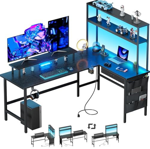 DLONGONE 170x100cm L Shaped Gaming Desk with LED Lights & 3 Power Outlets