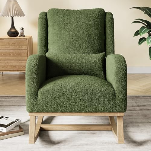 HYNHXBP Fauteuil à Bascule, Fauteuil à Bascule avec Poches latérales, Pieds en Bois Massif, Fauteuil de Salon, Convient pour Le Salon et la Chambre (Vert foncé)