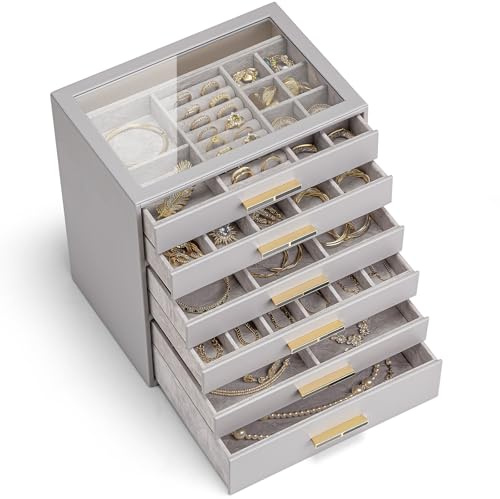 VLANDO Schmuckkästchen mit 6 Ebenen, Schmuckkasten, Schmuckaufbewahrung, Schmuck Organizer mit Glasdeckel,für Halsketten, Ohrringe, Uhren, Armbänder, Modern,Grau
