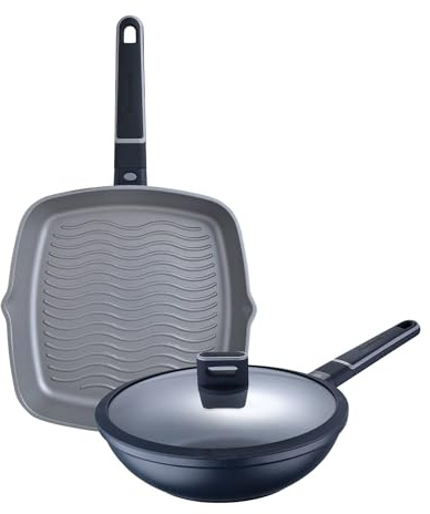 Set di padella Grill 28 x 28 x 5,5 cm + Wok Ø28 x 8 cm in alluminio pressofuso con coperchio - Adatte per induzione - INDIGO MasterPRO