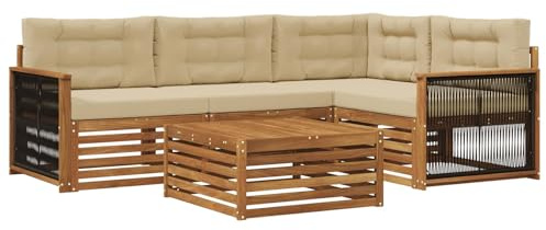 vidaXL Outdoor-Sofagarnitur mit Kissen 5 pcs Natur und Beige, Patio Loungeset, modernes Sofa für draußen, wetterbeständiger Gartenspaß, Bequeme Terrassenmöbel