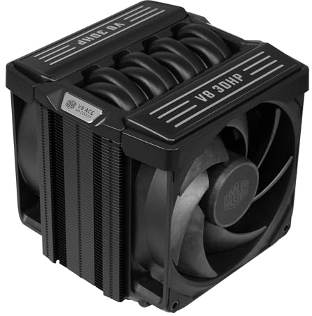 Cooler Master V8 ACE 3DHP AMD AM5/AM4 Single-Tower CPU Cooler, Black | 3DHP cooling, AMD AM5/AM4 contact plate, dual 120x30mm PWM fans, 89.6 CFM, 37 dBA, LCP blades.