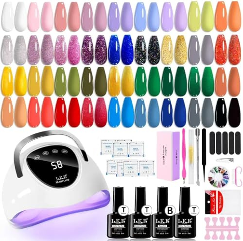 LKEE Gel Nail Polish Set with 108W U V Lamp - 65Pcs Nail Kits for Starter,36 Vibrant, Shimmering, and Matte Colors Gel Nail Polish with Base Coat and Top Coat (Red)