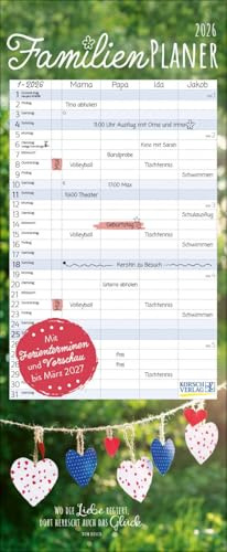 Familienplaner mit Fotos und Zitaten 2026: Familienkalender, 4 Spalten. Familientimer mit Ferienterminen, extra Spalte und Vorschau bis März 2027. Format: 19 x 46 cm