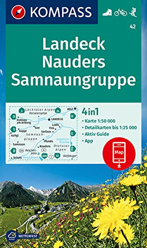 KOMPASS Wanderkarte 42 Landeck, Nauders, Samnaungruppe 1:50.000: 4in1 Wanderkarte mit Aktiv Guide und Detailkarten inklusive Karte zur offline Verwendung in der KOMPASS-App. Fahrradfahren. Skitouren.