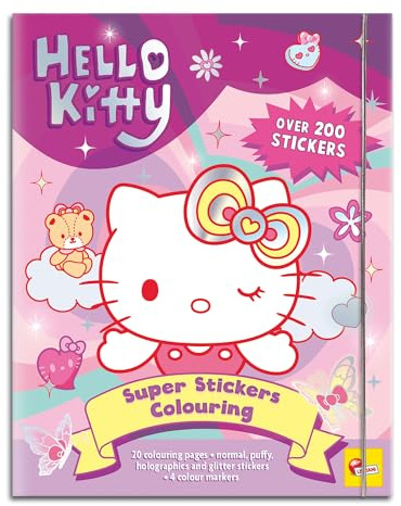Lisciani - Hello Kitty and Friends – Livre Autocollants et Coloriage pour Enfants Dès 5 Ans – Carnet 20 Pages avec 200 Stickers Puffy, Holographiques et Paillettes – Set Coloriage avec 4 Feutres