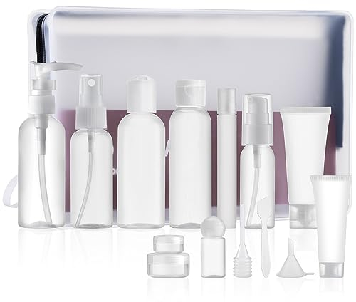 Toureal 14 Pièces Flacons Vide Kit Voyage Avion (Max.100ml), Contenant Plastique Bouteille dans Recipient, Organisateur Set de Toilette - pour Cosmetique (Transparent)