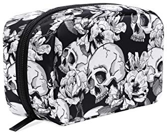 Make-up-Tasche mit Totenkopf-Motiv, Blumenmuster, Kulturbeutel, Aufbewahrung, großer Reisegriff, personalisierbar, mit Fächern, für Teenager, Mädchen, Damen, Schwarz, Schwarz