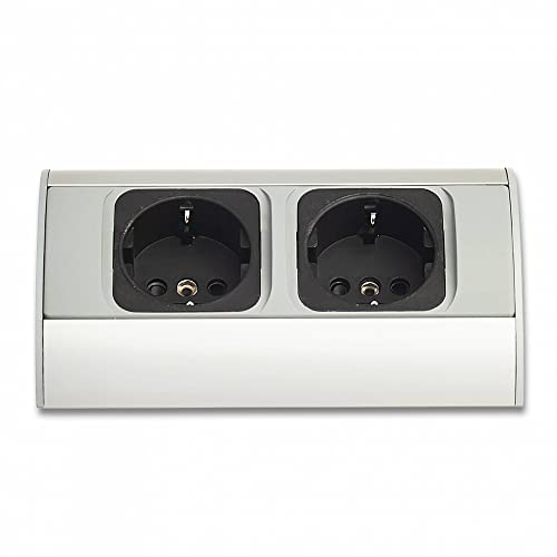 Möbel-Steckdose 2x Schuko silber-grau für Küche und Büro - vertikale & horizontale Montage - Ecksteckdose Steckdosenleiste Einbausteckdose Küchensteckdose