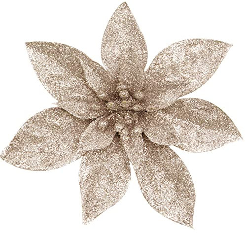 Yueshop 10 Pcs Glitter Christmas Flowers with Artificial Poinsettia Flower Christmas Tree Flower Decorations Xmas Tree Ornaments (Champagne, 15CM)