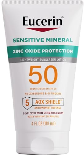 Eucerin Sun Sensitive Mineral Sunscreen Lotion SPF 50 with Zinc Oxide Protection, Hypoallergenic Sunscreen for Sensitive Skin, Oxybenzone and Octinoxate Free, 4 Fl Oz Tube