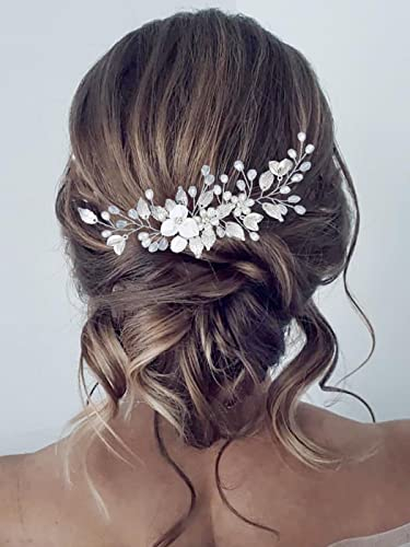 Vakkery Hochzeitshaarkamm mit Perlen, Haarschmuck für die Braut, silberne Blätter, Haarschmuck