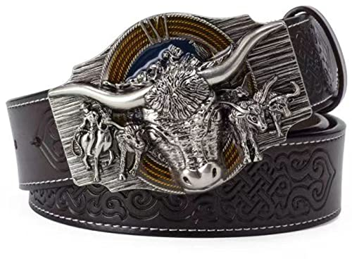 WRJAHCG Gürtel Western für Cowboy, Vintage Long Horn Bull Rodeo Western Cowboy Gürtel,Silver coffee,110CM/43.3''