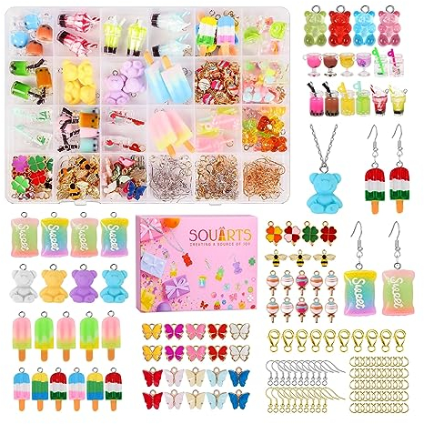 Souarts 104PCS Charms Schmetterling Bär Anhänger Set mit 150PCS Zubehör für Ohrringe Armband Halskette Schlüsselanhänger, Schmuck Selber Machen Set mit Aufbewahrungsbox