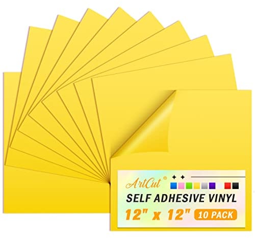 ARTCUT 10 Pack Permanent Vinyl, 12 * 12 inch Self Adhesive Vinyl for All Cutting Machine, Strong Sticky Vinyl Sheets for Cup, Mug, Banners, Car, Window & Home Decor, Waterproof Vinyl Permanent, Yellow