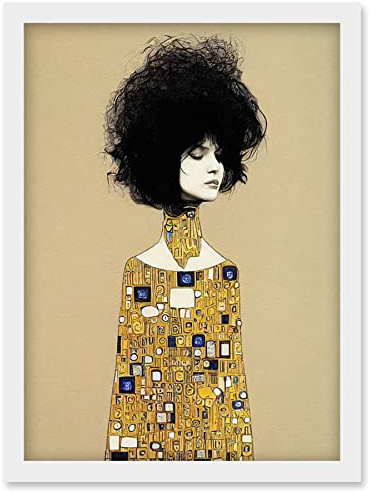 Wee Blue Coo Klimt Style Retro Boho Afro Hair Abstract Gold Dress Artwork Framed Wall Art Print A4