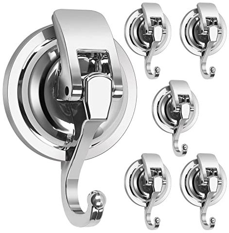 MaxEarn 6Pcs Suction Hooks, Silver Extra Strong Vacuum Suction Cup Hooks, No Drilling Heavy Duty Wall Hook Loadable 5kg for Bathroom Kitchen Smooth Window Wall Glass