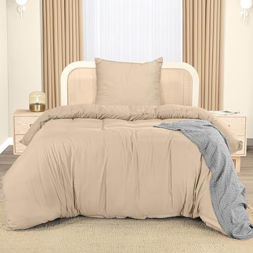 Utopia Bedding Bettwäsche 135x200 Set - Mikrofaser Bettbezug 135x200 cm + 1 Bestickte Kissenbezug 80x80 cm - Beige
