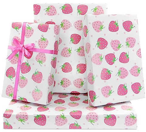 Erdbeer Geschenkpapier für Mädchen, Kinder, Jungen, Süßes Erdbeeren, Fruchtiges Design, 4 Blatt 50 x 75 cm pro Blatt, Geburtstags Geschenkpapier für Hochzeit, Geburtstag, Babyparty, Urlaubsparty