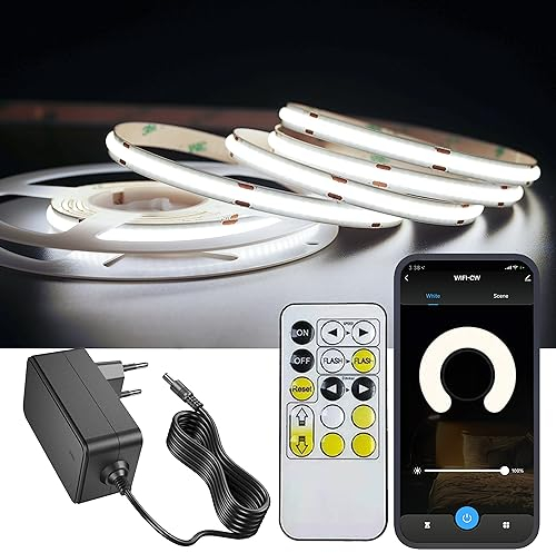 YSRSAI 3M COB LED Strip Lights Kaltweiß 6500K DC12V, 320LED/m CRI90+ LED Lichtstreifen, flexible DIY Lichtstreifen mit Fernbedienung und Netzteil, kompatibel mit Alexa Google Home
