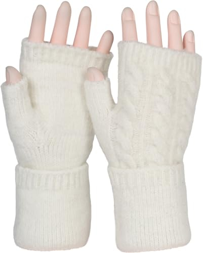 styleBREAKER Damen Fingerlose Handschuhe mit Zopfmuster und dezentem Metallic-Faden, Winter Strickhandschuhe 09010042, Farbe:Creme