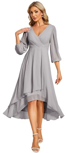 Ever-Pretty Women's Evening Dress with Sleeves Mid Length Wedding Guest Dress V-Neck A-Line Grey 10