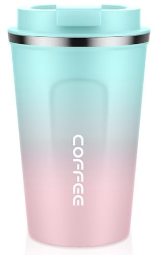 MOMSIV Coffee Cup, 380ml Vacuum Reusable Leakproof Double Wall Coffee Cup, Insulation Stainless Steel Eco-Friendly Travel Office Mug for Hot Coffee Tea and Cold Drinks, Green-Pink