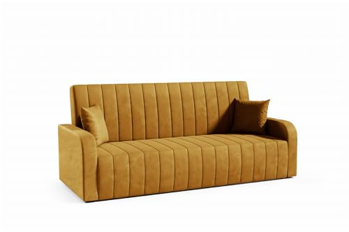 LIKMA Senf Vielseitiges 3-Sitzer 214 cm Sofa mit Schlaffunktion und Bettkasten Otto - Velvet Schlafcouch - Moderne Wohnzimmer Couch - Sofa mit Bettfunktion - Schlafsofa, Stoff: Trinity 26