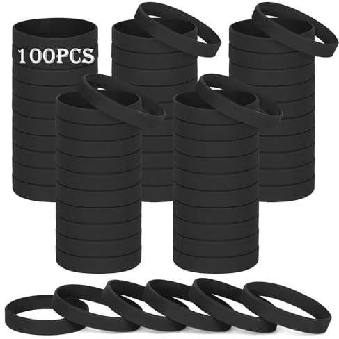 HONTIUS Bracelets en silicone, 100PCS Noir Élastiques en Silicone 8''Bracelets en caoutchouc élastique pour Sport Homme Femme Adolescent