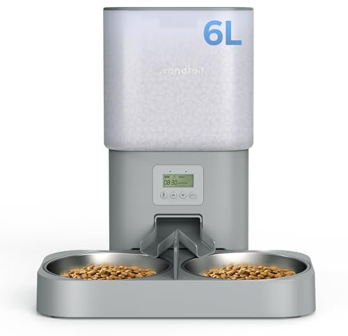 Grandtail Automatic Cat Feeder with Timer 6 L Cat Food Dispenser with Double Stainless Steel Bowls, Including Desiccant Bag for Dry Food, 10 s Voice Recording, Dual Power Supply