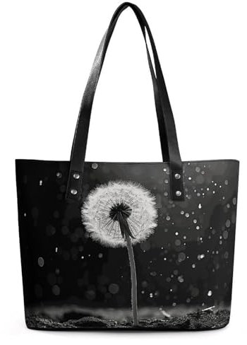 Exquisite Leder Damen Handtasche Pusteblume Schwarz und Weiß Bedruckte Handtasche Litschi Muster Leder Handtasche Geeignet für Frauen für Reisen, Fitness und Pendeln, Löwenzahn Schwarz und Weiß,