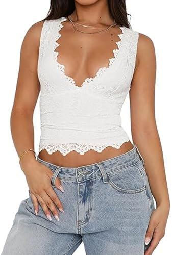 RUIWANBBY Womens Sexy V-Neck Going Out Cropped Tank Tops Sleeveless Corset Crop Tops Y2K Trendy Lace Camisole Vest Streetwear (White, S)