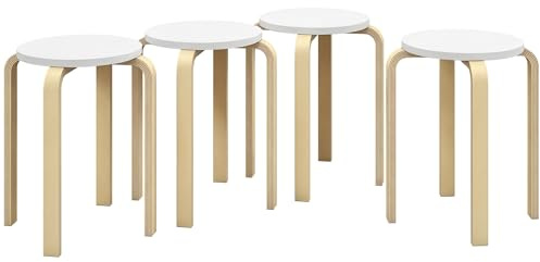 HOMCOM Set 4 Sgabelli Impilabili Rotondi, Set Sgabello Legno Moderno con Base Antiscivolo, Sedie Impilabili Senza Schienale con Gambe Curve per Cucina, Bar, Sala da Pranzo, Ufficio, Ø40x45 cm, Bianco