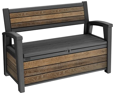 Keter Signature Storage Bench for Patio Furniture, Porch Decor and Outdoor Seating - Perfect for Storing Garden Tools, Walnut