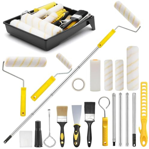 Farbroller Set mit Teleskopstange, 18-Teiliges Malerset mit Edelstahl Verlängerungsstange, Malerrolle, Pinsel, Schaber, Kreppband, Streichen Zubehör Malerwerkzeug, Wandfarbe Malerrolle für Wand Decken