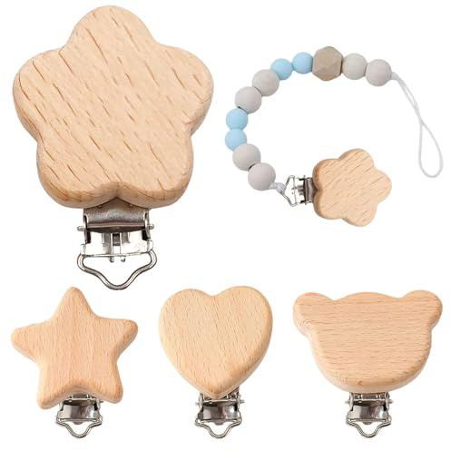 4 Stück Schnullerclip Holz, Baby Schnullerketten Clips, Schnuller Clips, Schnullers Schnullerketten Zubehör