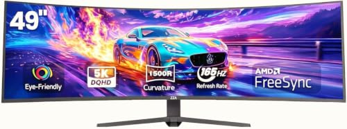 ZZA Monitor da gioco super ultrawide da 49 pollici, display curvo DQHD 5120 x 1440, frequenza di aggiornamento 165Hz, schermo immersivo 1500R, illuminazione RGB, supporto regolabile in altezza, HDMI