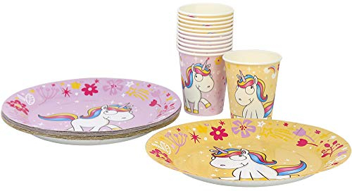 COM-FOUR® juego de vajilla de fiesta de unicornio de 28 piezas con motivos de unicornio para 12 personas, platos y vasos de papel para niños, cumpleaños y otras fiestas (28 piezas amarillo/rosa)