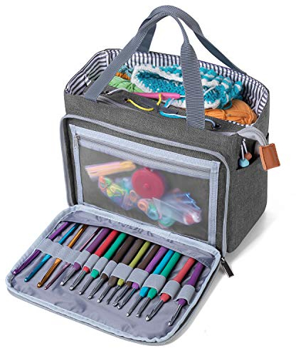 Luxja Handarbeitstasche Häkeln, Garn Aufbewahrung, Tasche Stricken für Unvollendete Projekte, Häkelnadeln und Anderes Zubehör (Kein Zubehör Enthalten), Grau