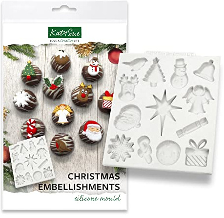 Katy Sue Christmas Embellishments Silicone Mould for Christmas Cake Decorating & Craft. Makes 13 Christmas Shapes. Use with Fondant, Sugar Paste & Clay. Shapes are 20-50 Millimetres in Size. UK-Made