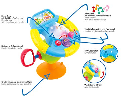 JAMARA 460509 - Lenkrad 1Step Baby Drive - fördert Feinmotorik und Orientierungssinn, verstellbarem Winkel, großer Saugnapf, Motor-und Fahrsound, DREI Hup-Geräuschen, Musiktaste, mehrfarbig