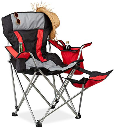 Relaxdays Campingstuhl mit Fußablage, klappbarer Angelstuhl mit Getränkehalter & Kühltasche, bis 150 kg, schwarz-rot